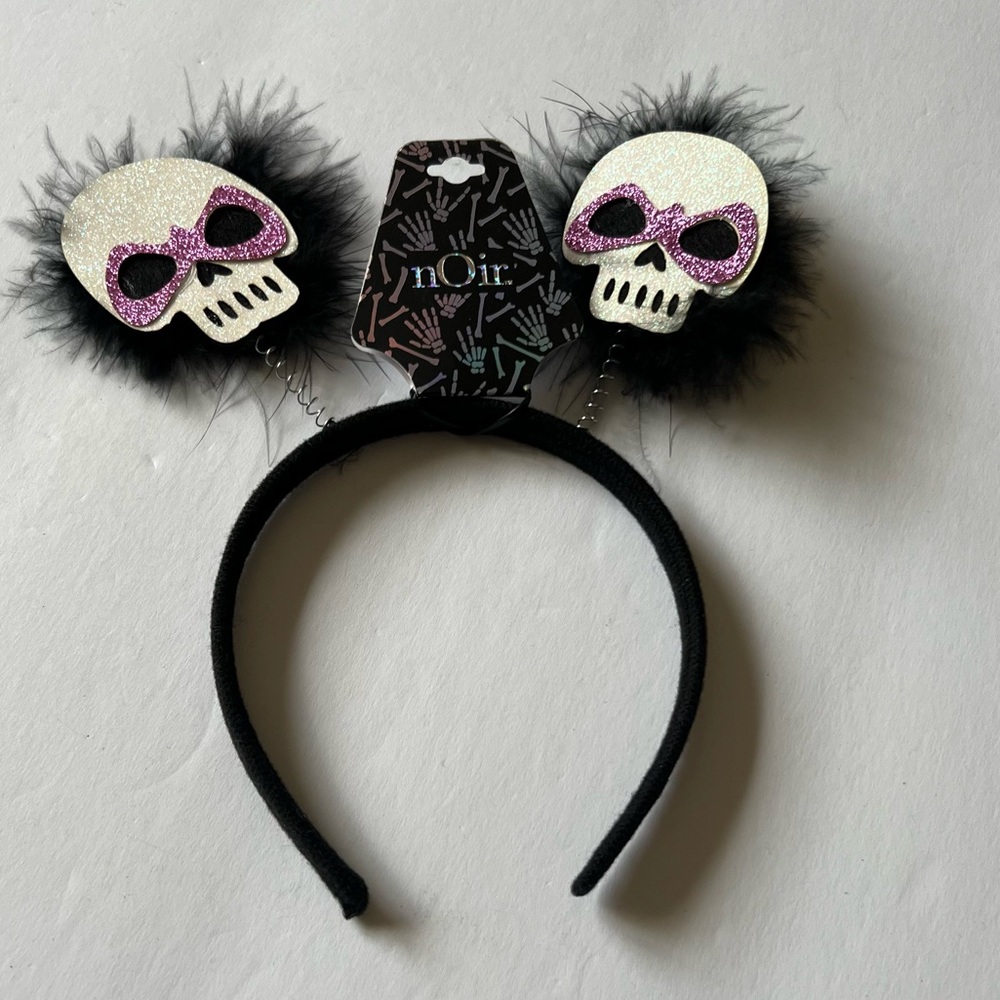 NOIR GLITTER SKULL OSTRICH FEATHER DEELY BOPPERS HEADBAND BLACK WHITE PINK NWT